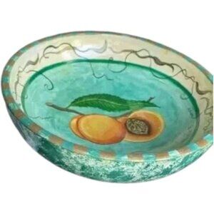 Vtg HAND PAINTED Wooden Bowl SIGNED Stratton ‘96 Green with Peaches Stunning!